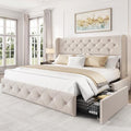 LARMACE Queen Size Bed Frame with 4 Storage Drawers and 47.2" Tall Tufted Headboard Linen Upholstered Platform Bed Frame Wingback Beds with Wooden Slats Support, Easy Assembly, Beige