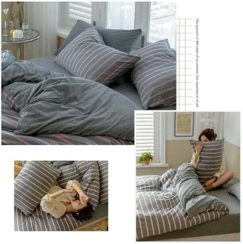 Gray & Pink Striped Duvet Cover Twin XL 3Pcs Jersey Knit Reversible Bedding