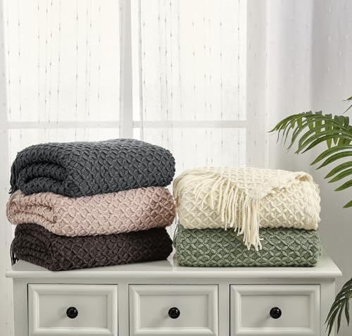 CREVENT Farmhouse Boho Knitted Throw Blanket for Couch Sofa Chair Bed Home Decoration, Soft Warm Cozy Light Weight for Spring Summer Fall (50''X60'' Chocolate/Coffee)