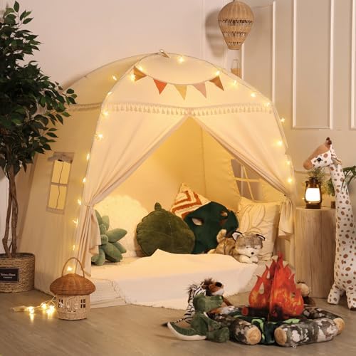 Sumbababy Large Teepee Tent for Kids - Tent for Kids Indoor Kids Teepee for Boys & Girls - Playhouse Inside Canopy Bed for Playroom Gift Toys (Cream)