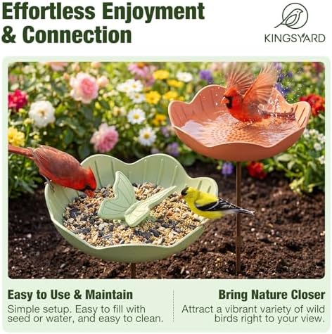Kinsgyard 2 Pack Free Standing Tray Bird Feeders with Adjustable Pole, Wild Bird Bath for Outdoor Garden Yard Decor, Large Seed Capacity, Easy to Clean and Refill, Red & Green