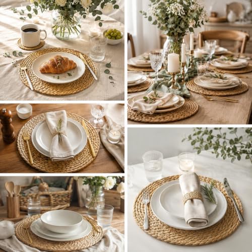 Set of 24 Round Woven Placemats, 13 Inch Rattan Chargers for Dinner Plates, Wicker Placemats, Boho Farmhouse Rustic Braided Jute Table Mats for Kitchen Dining Party Decor