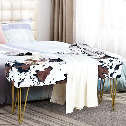 Cow Long Rectangle Faux Fur Ottoman 46"x16"x22" Entryway Bench Soft Furry Footrest Stool Sturdy Accent Seating Bench for Bedroom End of Bed Fuzzy Table for Living Room Closet with Golden Legs