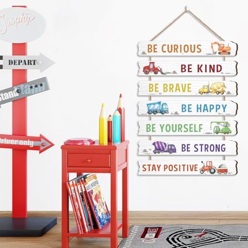 HLNIUC Construction Room Decor for Boys,Motivational Transportation Positive Quotes Hanging Plaque,Cartoon Truck Wall Art,Inspiring Classic Vehicle Hanging Sign for Kids Room Playroom Nursery Decor