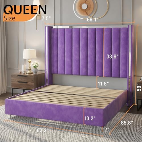 Jocisland Queen Upholstered Bed Frame with 58" Tall Headboard, Purple