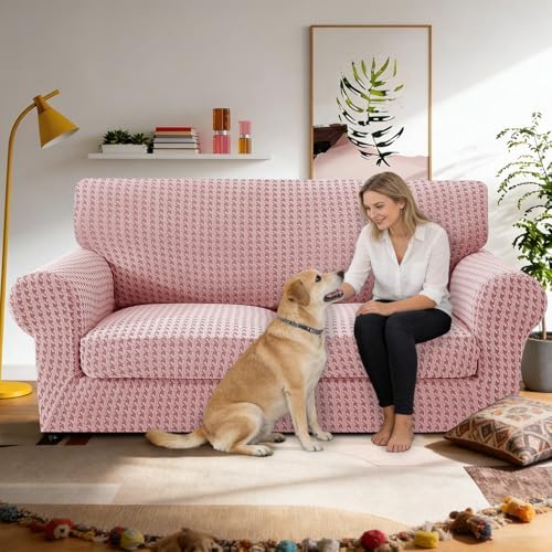 MAXIJIN 3 Pieces Stretch Couch Covers for 2 Cushion Couch Washable Sofa Cover with 2 Extra Large Seat Soft Loveseat Sofa Slipcovers with Non Slip Strap (Pink), 71"-91"(2 XL Cushions)