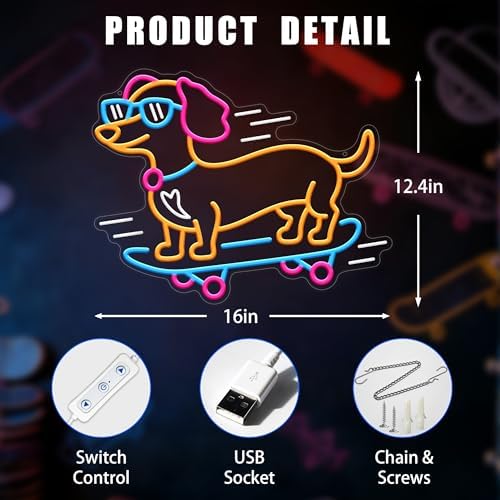 Dachshund Skateboarding Neon Sign for Wall Decor, Dimmable Dog Neon Light for Bedroom Living Room, Bar, Shop, Animal LED Sign for Birthday Party Dog Lover Gift