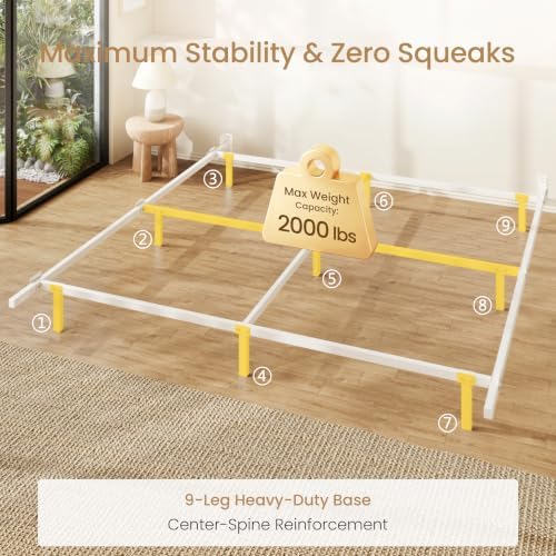SHA CERLIN 7 Inch Metal Bed Frame, 9-Leg Box Spring Base, White, King