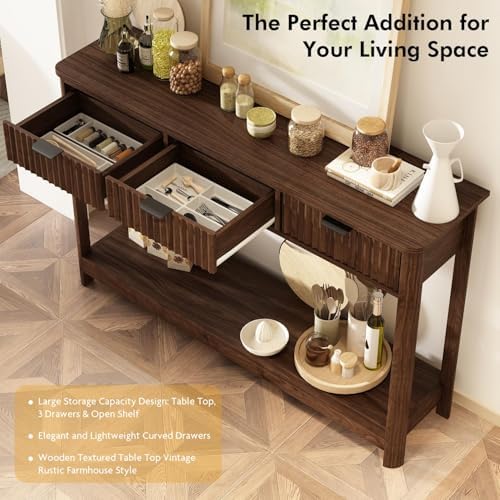 RUSTOWN Fluted Wood Console Table with 3 Drawers, 47.2" Boho Entryway Table