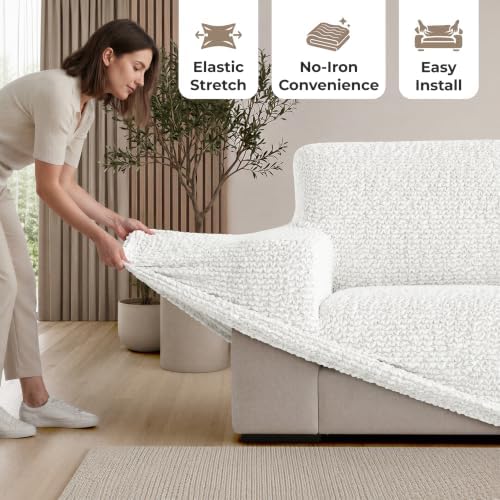 PAULATO Premium Stretch Couch Covers for Sofa - Sofa Chair Cover Washable, Dogs & Pets Friendly - Elastic Polyester Loveseat Slipcovers - Non-Slip Love Seat Couch Covers - Crisp White (86"-120" Wide)