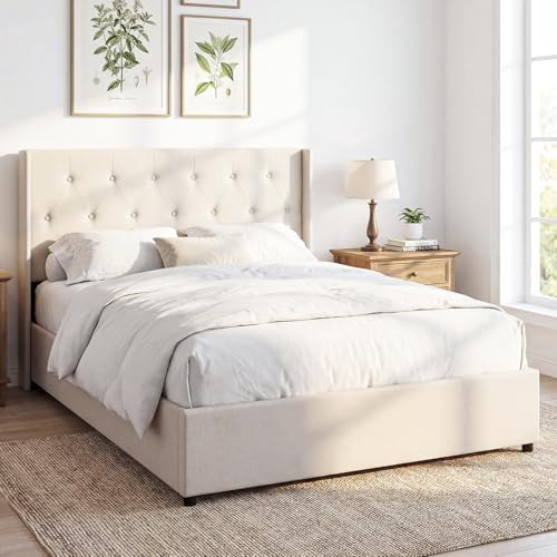 GIANTEX Queen Size Lift Up Storage Bed, Modern Linen Upholstered Platform w/Button Tufted Wingback Headboard & Hydraulic Support, Queen Bed Frame with Storage, No Box Spring Needed (Beige)