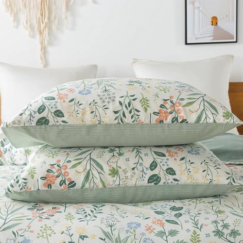 Botanical Duvet Cover Set 100% Cotton Queen(90"x90"),White/Sage Green