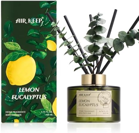 Airkeep Reed Diffuser Set with 6.76 fl oz Lemon Eucalyptus Scent Essential Oils and 3 Leaves & 8 Diffuser Sticks,Bathroom Shelf Decor & Air Freshener, House Bedroom Office Decor & Gifts