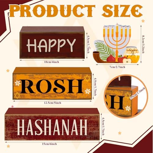 Yuntau 4 Pcs Rosh Hashanah Table Decor Wood Sign Jewish Tiered Tray Decor