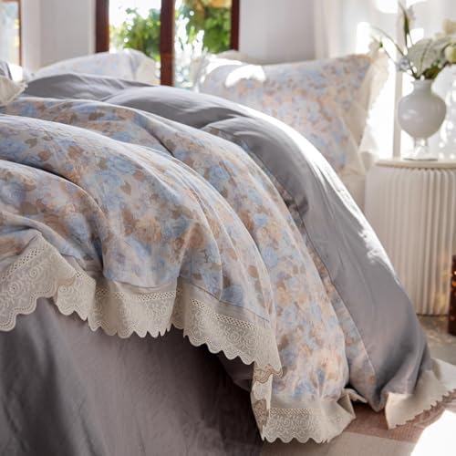 LifeTB Vintage Floral Duvet Cover Set King, 3 Pieces Romantic Ruffle Lace Bedding Set, Soft Cotton Muslin Duvet Cover with 2 Pillowcases, Botanical Flower Breathable Gauze Comforter Cover King