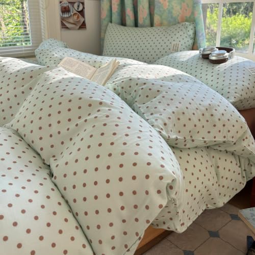 Mint Green Polka Dot Duvet Cover Twin with 2 Pillowcases,100% Cotton