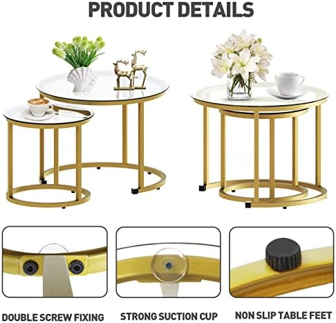 aboxoo Gold Nesting Coffee Table Set of 2, Small Glass Round Nesting Tables for Living Room Bedroom, Accent Tea Table with Metal Frame Modern Industrial Simple