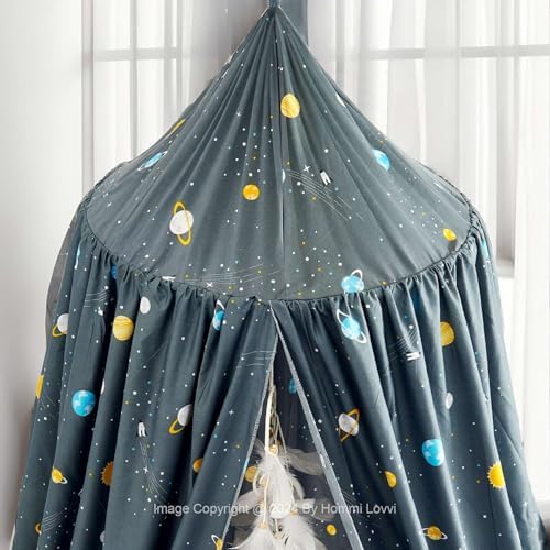 Hommi Lovvi Space Rockets Print Kids Bed Canopy, Girls Princess Canopy Dreamy Room Decor, Soft Hanging Reading Nook Play Tent Canopy, Extra Large Full Size Bed Canopy with String Light