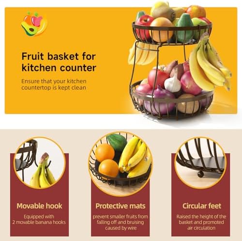 Sevenblue 2 Tier Fruit Bowl for Kitchen Counter with Banana Hangers, Brown
