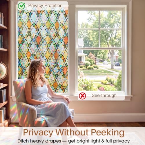 Sunbaby Stained Glass Winodw Film, Rainbow Lattice Stickers, 23.6"x78.7"