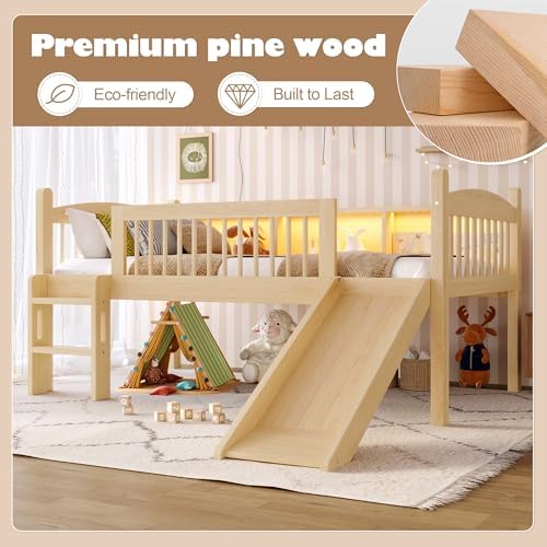 Bellemave Twin Loft Bed with Slide and Ladders, Solid Wood Low Loft Bed with Storage Shelves and LED Lights, Loftbed Frame for Kids, Boys, Girls, Childlike and No Box Spring Needed Design, Natural