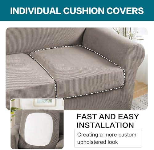 Turquoize 4 Piece Couch Covers for 3 Cushion Couch Sofa Pet Friendly Stretch Couch Cover for Dogs Washable Sofa Covers with Individual Couch Cushion Covers, Jacquard Fabric (3 Cushion Sofa, Taupe)
