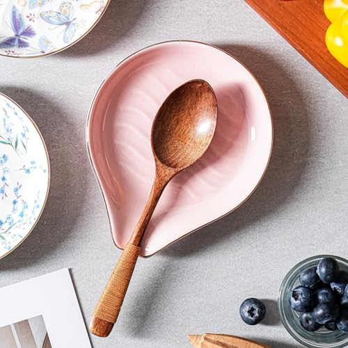 Ceramic Spoon Rest for Stove Top, 5 inch Gold Trim Spoon Holder for Kitchen Counter, Farmhouse Cooking Utensil Holder for Spoons, Ladles, Spatula, Glazed Pink