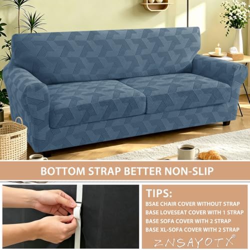 ZNSAYOTX 3 Piece Stretch Couch Covers (72"-90") New-Rectangle Texture, Thick Sofa Covers for 2 Cushion Couch Universal Sofa Slip Cover with Elastic Bottom & Buckle, Washable Protector Dark Grey