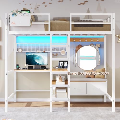 DICTAC Twin Loft Bed with L-Shaped Desk, Storage Shelves and Charging Station Twin Size Metal Loft Bed with LED Lights and Coat Rack with 2 Storage Drawers,Top Bunk with Safety Guard & Stair, White