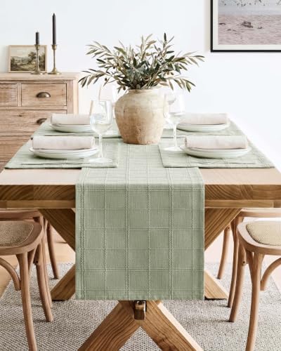 ZeeMart Linen Checked Farmhouse Table Runner, 13x72 Inches Seeding Green