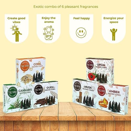 TRUMIRI Exotic Incense Cones - Variety Pack - Total 60 Cone Incense (6 Scents x 10 Conos) - Copal, Oud, Musk, Amber - Cone Incense Scents - Insense Cones - Incent Cone