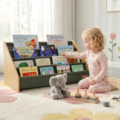 PERFNIQUE Montessori Kids Bookshelf, Wooden Front-Facing Baby Bookcase Organizer for Toddlers, 4-Tier Sling Decorative Book Rack with Deep Pockets for Kid Rooms, Nursery, Playroom & Reading Corner
