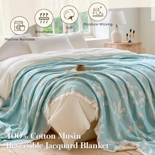 QKTE 100% Cotton Muslin Blanket King Size with Tassels, Lightweight Breathable Reversible Cooling Gauze Blanket for Bed Couch Camping, All-Season Soft Coverlet (Teal Beige,104" X 90")