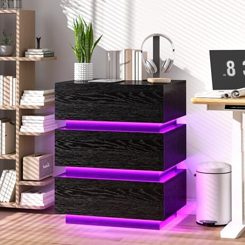 COWMOU LED Night Stand with Charging Station, 3 LED Strip Lights, 2 Outlets and USB-A/C Ports Bed Side Tables Bedroom Set Black End Table for Living Room