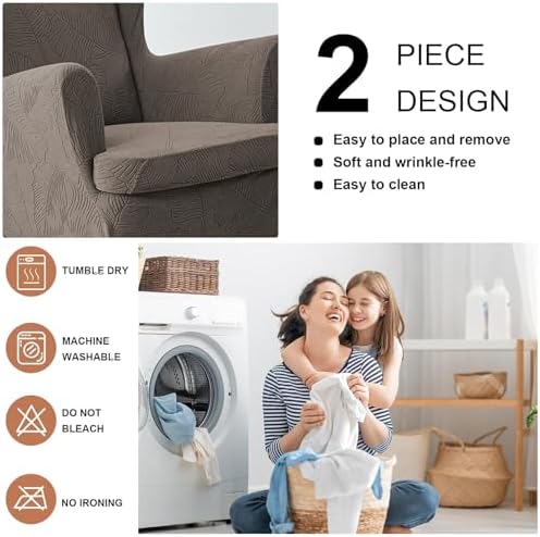 HAOYONG 2 Piece Wingback Chair Covers Stretch Wing Chair Slipcover Jacquard Wing Back Chair Covers with Arms Washable Spandex Fabric Armchair Cover Protection Furniture for Living Room and Bedroom