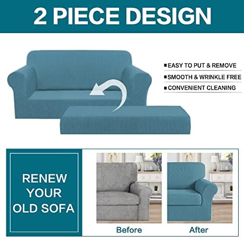 Turquoize Stretch Sofa Slipcover 2 Pieces Sofa Cover Couch Cover for 2 Cushion Couch Washable Furniture Protector Covers with Elastic Bottom Feature Thick Jacquard Fabric (Loveseat, Storm Blue)