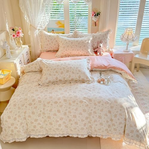 HighBuy Ruffle Lace Cotton Duvet Cover King with Pink Floral Print,Reversible Princess Blush Breathable Cottagecore Bedding Set for Women Girls,1 Duvet Cover and 2 Ruffle Pillowcases