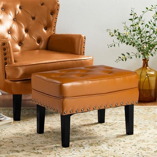 Glitzhome Mid-Century Faux Leather Ottoman, Modern Accent Stool PU Leather Foot Stool, Vanity Stool Ottoman Foot Rest Make Up Stool for Living Room, Cognac