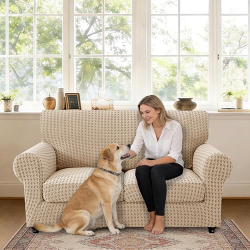 MAXIJIN 3 Pieces Stretch Sofa Covers for 2 Cushion Couch Loveseat Cover for Dogs Washable Love Seat Sofa Slipcovers Thick Soft Furniture Protector with Non Slip Strap (Khaki, 55"-69")