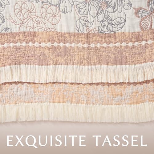 jinchan 100% Cotton Muslin Blanket with Tassel Boho Queen 60x80 Taupe/White