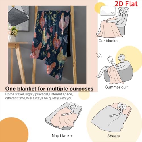 Chicken Rooster Floral Blanket 50"x60", Soft Lightweight Throw Blanket for Kids Teens Adults, All Season Cozy Decorative Blanket for Sofa Bed Couch Travel