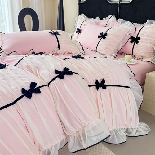Ruffle Beddding Set with Bowtie,Girls Lace Bedding,Pink Queen Comforter Cover Set, Chic Ruffled Duvet Cover with Lovely Bow,Princess Style 1 Duvet Cover with 2 Pillowcases, No Comforter