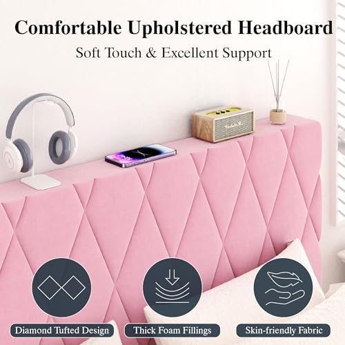CXVX Queen Size Bed Frame with Diamond Tufted Headboard, Velvet Upholstered Platform Bed and Wooden Slat Support, Noise-Free, No Box Spring Needed, Easy Assembly, Pink