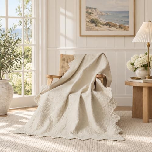 Brandream Beige Scalloped Edge Throw Quilt Cotton 47 X 60 Inch Quilted Throw Blanket for Bed Couch Daybed Decorative Throw Blankets