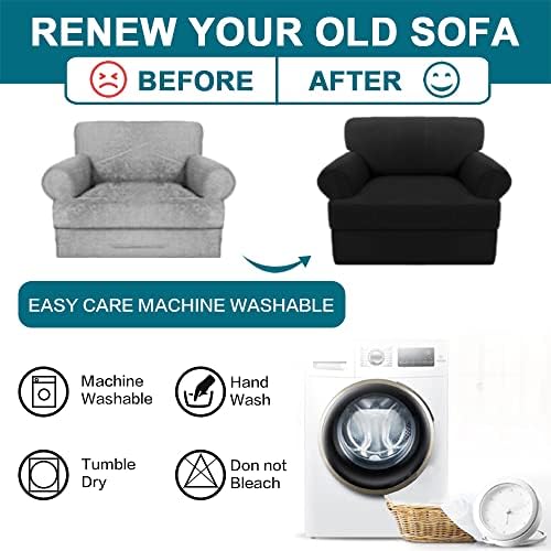 Turquoize T Cushion Chair Slipcover Armchair Slipcover for Living Room Stretch Sofa Couch Cover Soft Armchair Cover Washable Furniture Covers with Individual T Cushion Seat Covers (Chair, Black)