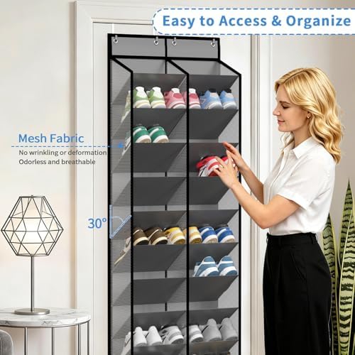 KEEPJOY 20-30 Pairs Grey Over the Door Shoe Organizer, Mesh Hanging Shoe Rack for Door Storage with 20 Wide Deep Pockets,10-Tier Door Shoe Holder Fits Sneakers, Boots.