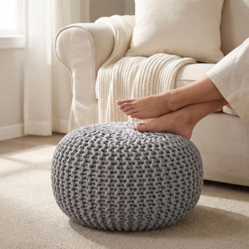 · REDEARTH · Round Pouf Ottoman - Hand Knitted Boho Poof Footrest - Gray