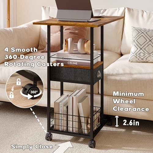 Rolling C-Shaped Side Table with Wheels and Oversized Wood Top, Mobile Overbed Stand with Drawer for Bed or Sofa, Metal Frame Couch Companion for Living Room, Bedroom, or Home Office (Large Desktop)