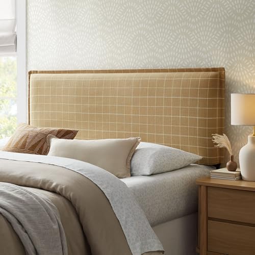 Modway Camille King Size Checkered Linen Blend Plaid Headboard with Removable Slipcover – in Hemp Windowpane Check - Padded Pillow Style Headboard with Adjustable Mounting for King Beds