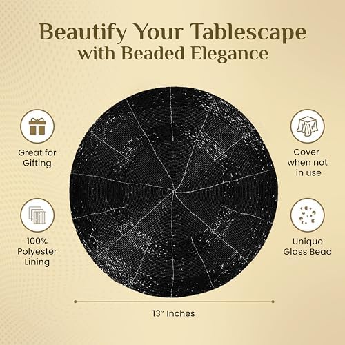 Decorative Beaded Placemats Set of 4 - Handmade Round Table Mats with Shiny Glass Beads & Polyester Backing - Elegant Dining Decor for Special Events & Daily Use (Black) - CLEENTABLE